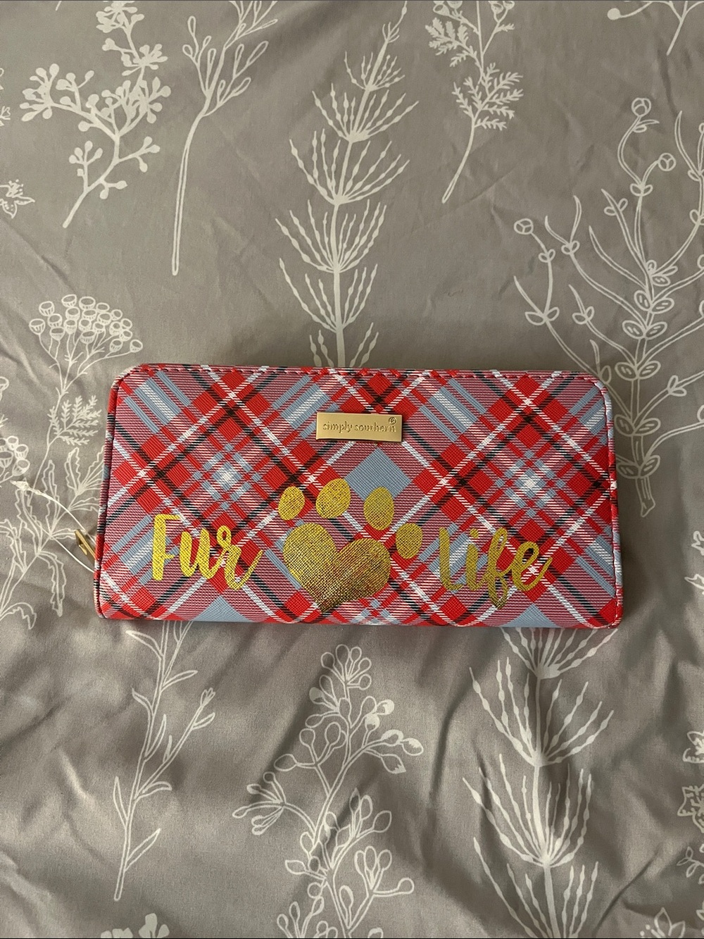 Simply Southern Red and Light Blue Plaid Wallet with Gold Paw Accent